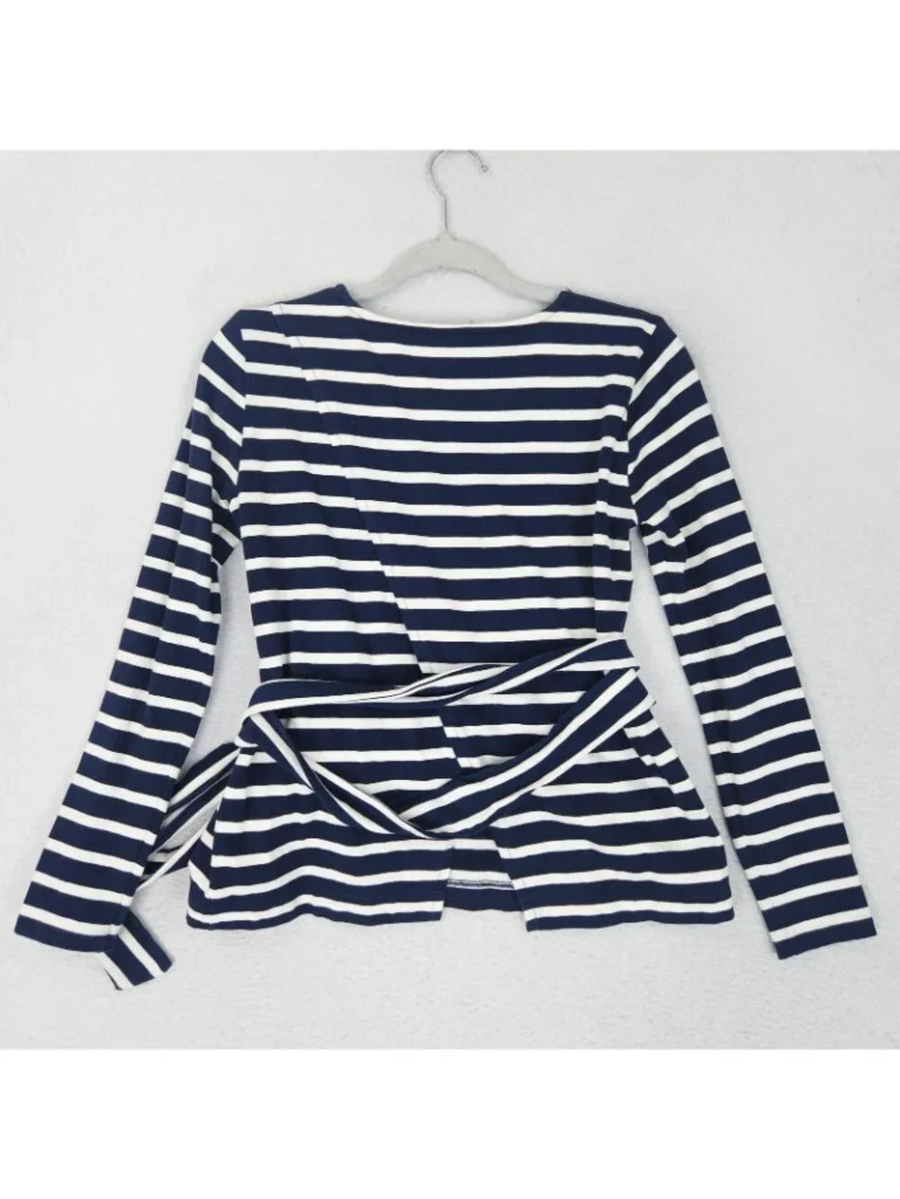 J Crew Shirt Womens XS Blue Striped Tie Waist Nautical Belted Split Back Top
